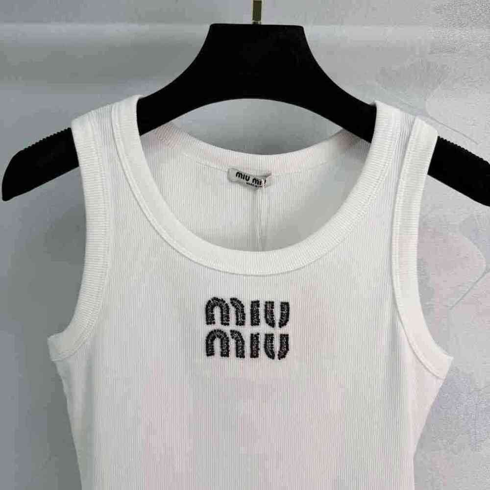 💎Miu Miu Rhinestone Logo White Ribbed U-Neck Fitted Tank Top - Picture 5 of 5